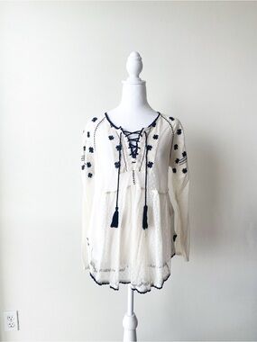 Free People Cream Embroidered Top with Black Accents